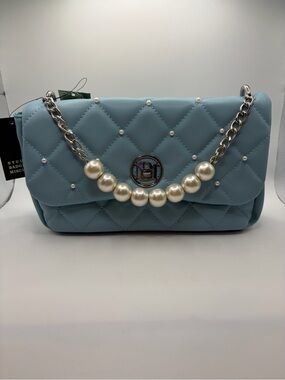 Badgley Mischka Powder Blue Quilted Pearl-Trim Shoulder Bagw/Crossbody Strap
